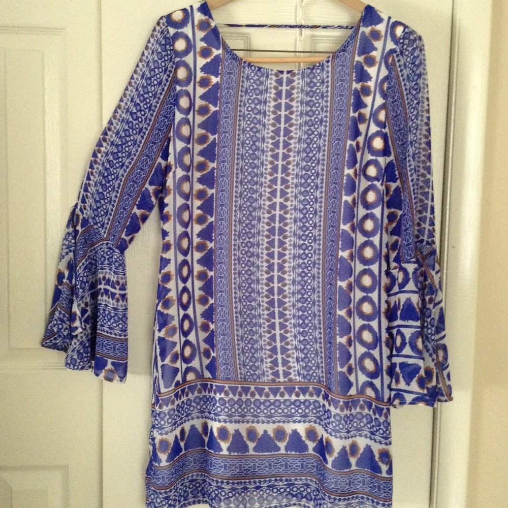 Pink Owl Tribal Print  Chiffon Bell Sleeve Dress